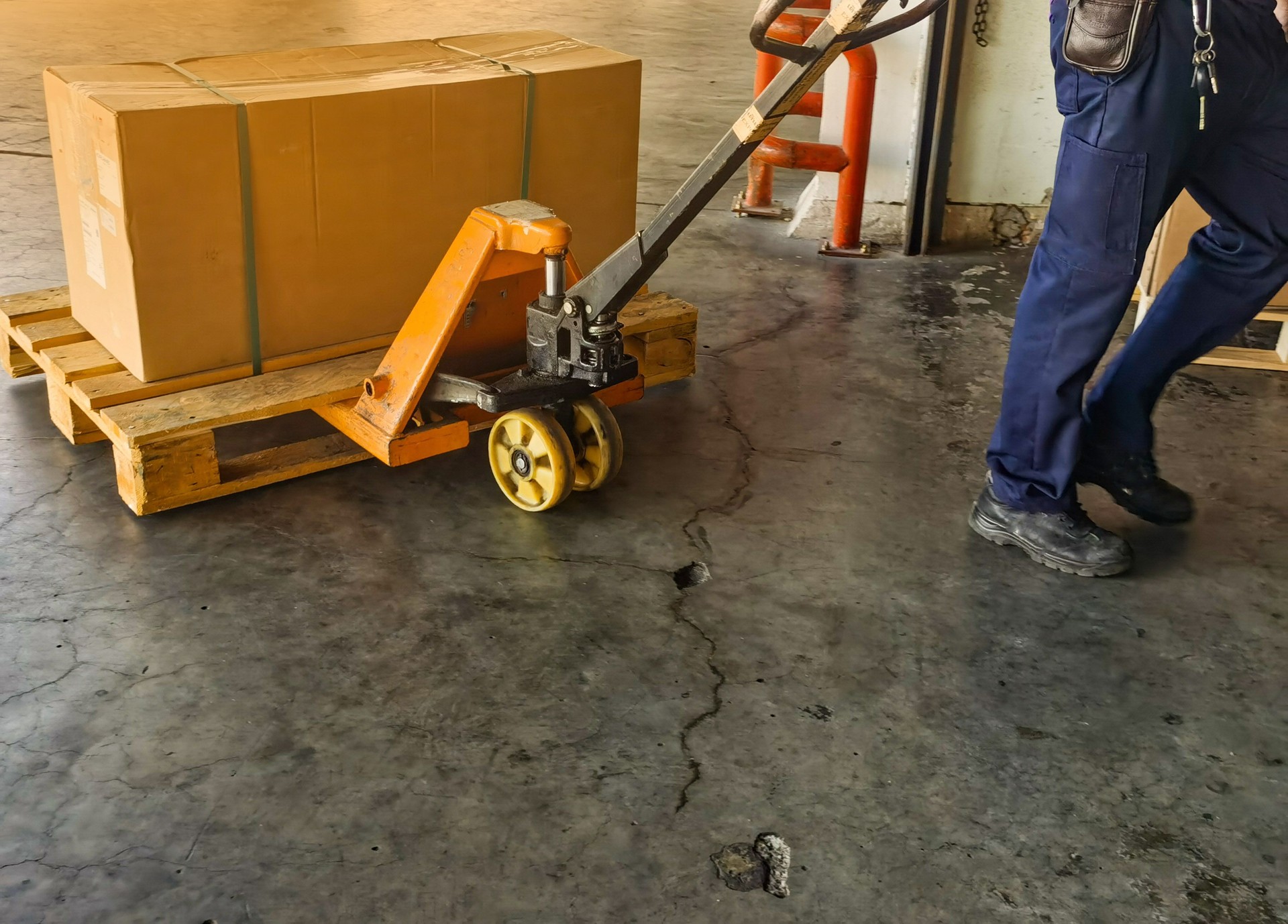 Lavoratore alla guida del carrello elevatore carico e scarico scatole di cartone spedizione e merci su pallet di legno dal camion container allo stoccaggio del carico di magazzino nella logistica e nei trasporti industriali